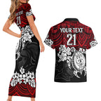 custom-knights-rugby-couples-matching-short-sleeve-bodycon-dress-and-hawaiian-shirt-novocastrians-hibiscus-and-turtle-with-polynesian-pattern