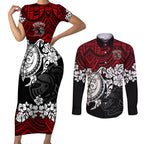 custom-knights-rugby-couples-matching-short-sleeve-bodycon-dress-and-long-sleeve-button-shirt-novocastrians-hibiscus-and-turtle-with-polynesian-pattern