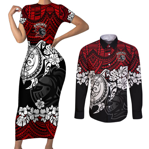 custom-knights-rugby-couples-matching-short-sleeve-bodycon-dress-and-long-sleeve-button-shirt-novocastrians-hibiscus-and-turtle-with-polynesian-pattern