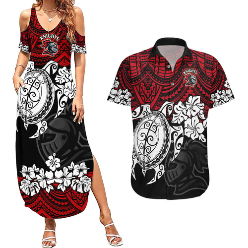 custom-knights-rugby-couples-matching-summer-maxi-dress-and-hawaiian-shirt-novocastrians-hibiscus-and-turtle-with-polynesian-pattern