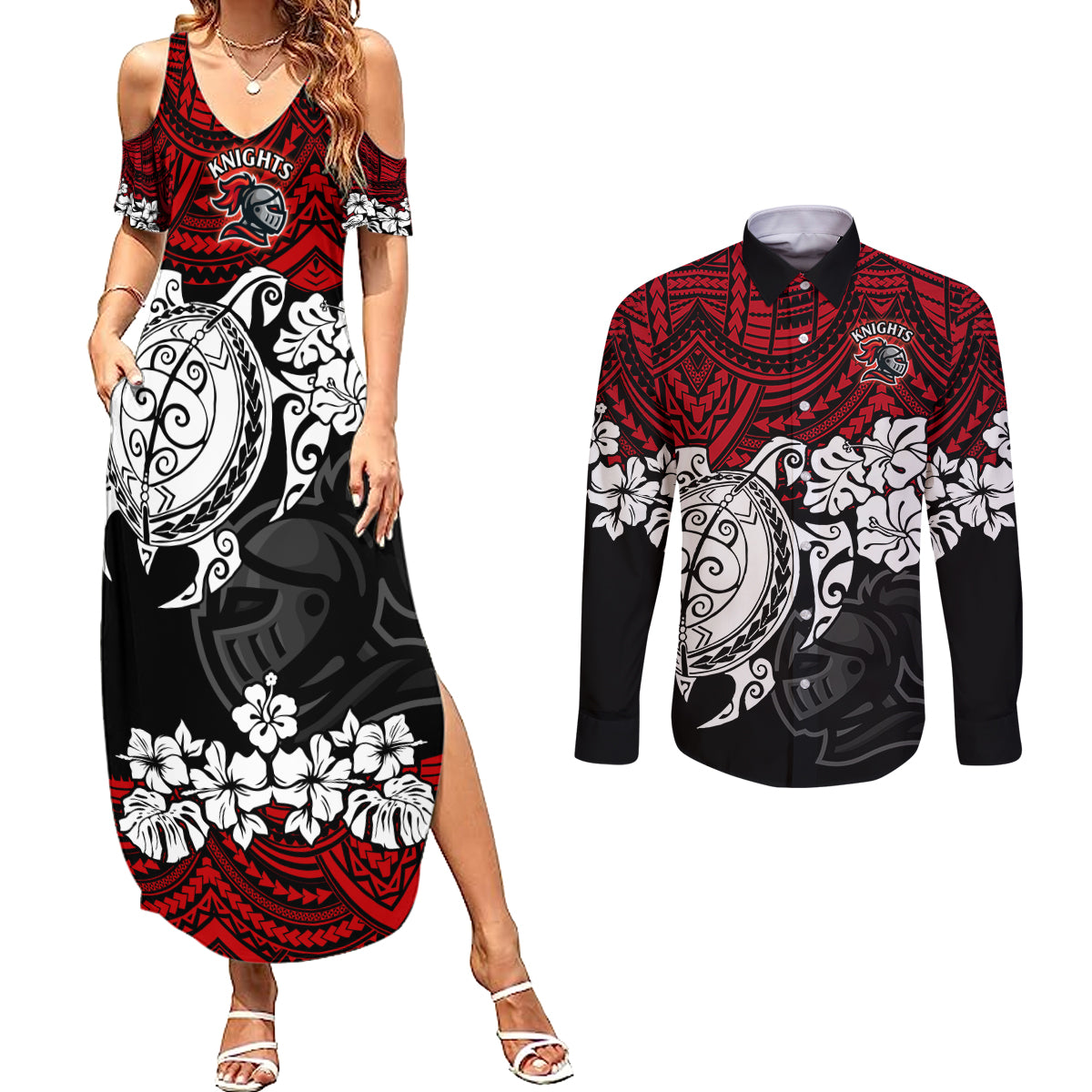custom-knights-rugby-couples-matching-summer-maxi-dress-and-long-sleeve-button-shirt-novocastrians-hibiscus-and-turtle-with-polynesian-pattern