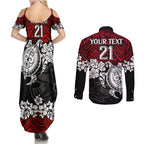 custom-knights-rugby-couples-matching-summer-maxi-dress-and-long-sleeve-button-shirt-novocastrians-hibiscus-and-turtle-with-polynesian-pattern