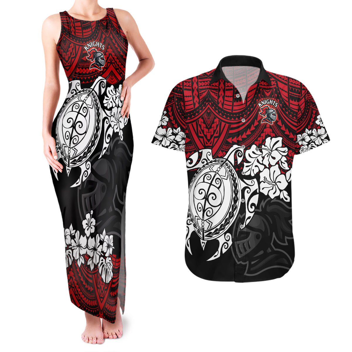 custom-knights-rugby-couples-matching-tank-maxi-dress-and-hawaiian-shirt-novocastrians-hibiscus-and-turtle-with-polynesian-pattern
