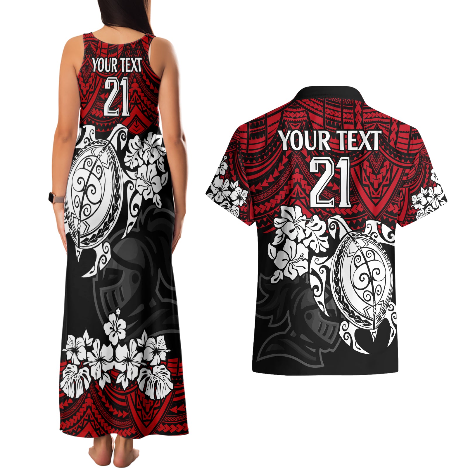custom-knights-rugby-couples-matching-tank-maxi-dress-and-hawaiian-shirt-novocastrians-hibiscus-and-turtle-with-polynesian-pattern