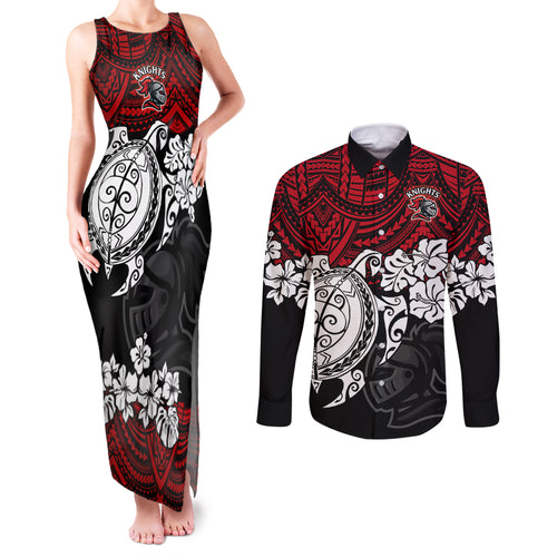 custom-knights-rugby-couples-matching-tank-maxi-dress-and-long-sleeve-button-shirt-novocastrians-hibiscus-and-turtle-with-polynesian-pattern