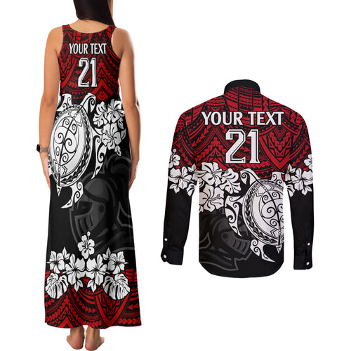 custom-knights-rugby-couples-matching-tank-maxi-dress-and-long-sleeve-button-shirt-novocastrians-hibiscus-and-turtle-with-polynesian-pattern