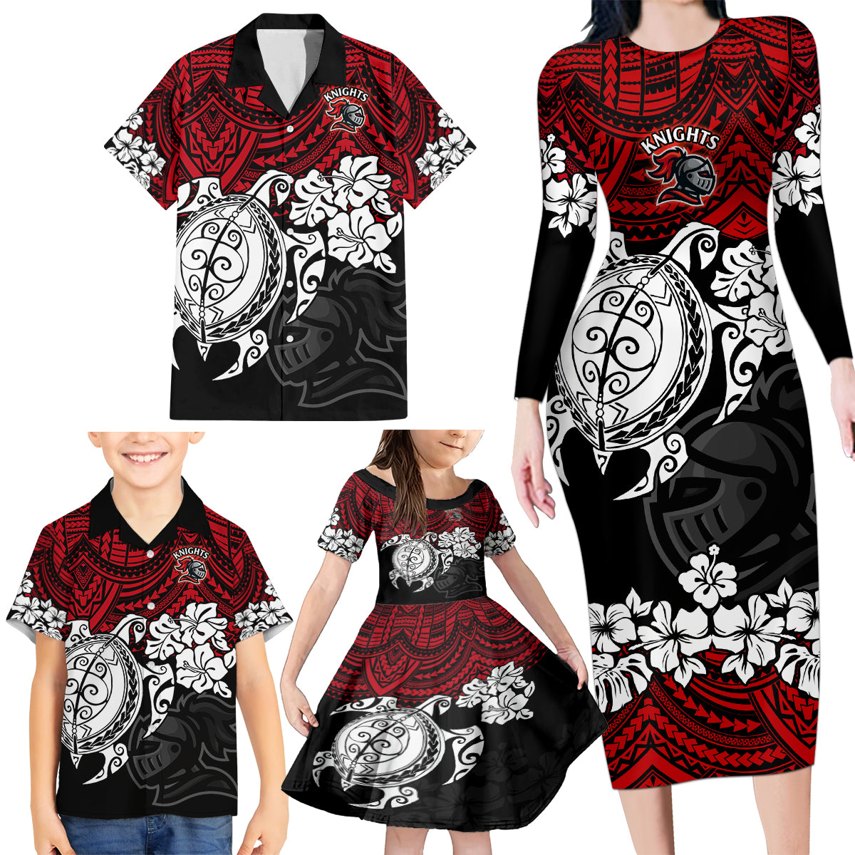 custom-knights-rugby-family-matching-long-sleeve-bodycon-dress-and-hawaiian-shirt-novocastrians-hibiscus-and-turtle-with-polynesian-pattern