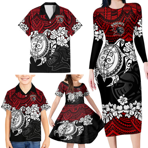 custom-knights-rugby-family-matching-long-sleeve-bodycon-dress-and-hawaiian-shirt-novocastrians-hibiscus-and-turtle-with-polynesian-pattern