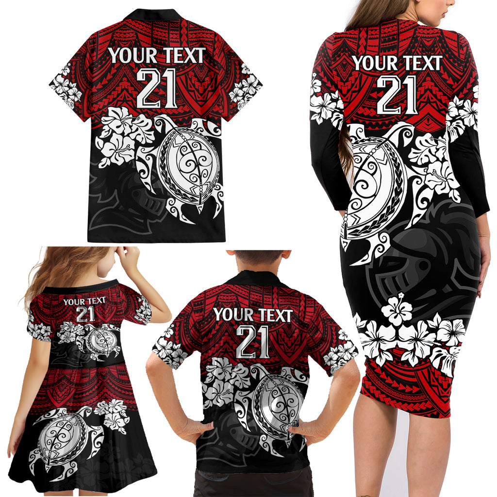 custom-knights-rugby-family-matching-long-sleeve-bodycon-dress-and-hawaiian-shirt-novocastrians-hibiscus-and-turtle-with-polynesian-pattern