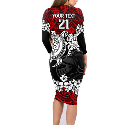 custom-knights-rugby-family-matching-long-sleeve-bodycon-dress-and-hawaiian-shirt-novocastrians-hibiscus-and-turtle-with-polynesian-pattern