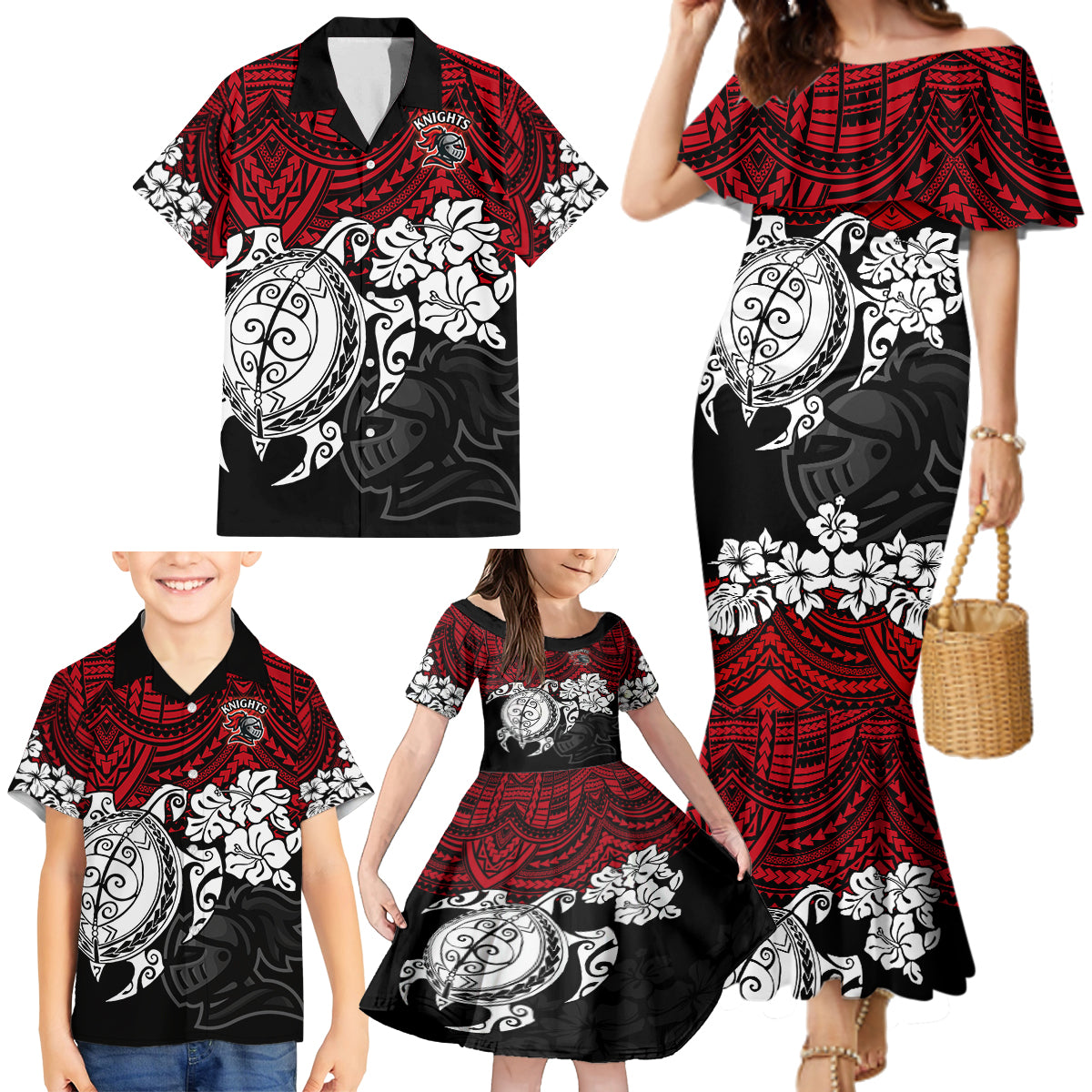 custom-knights-rugby-family-matching-mermaid-dress-and-hawaiian-shirt-novocastrians-hibiscus-and-turtle-with-polynesian-pattern