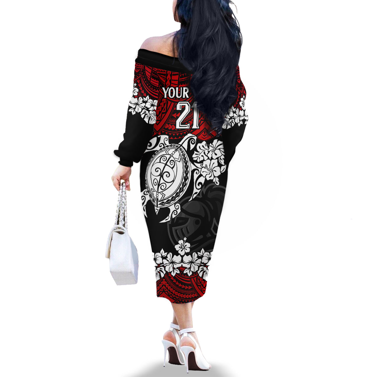 custom-knights-rugby-family-matching-off-shoulder-long-sleeve-dress-and-hawaiian-shirt-novocastrians-hibiscus-and-turtle-with-polynesian-pattern