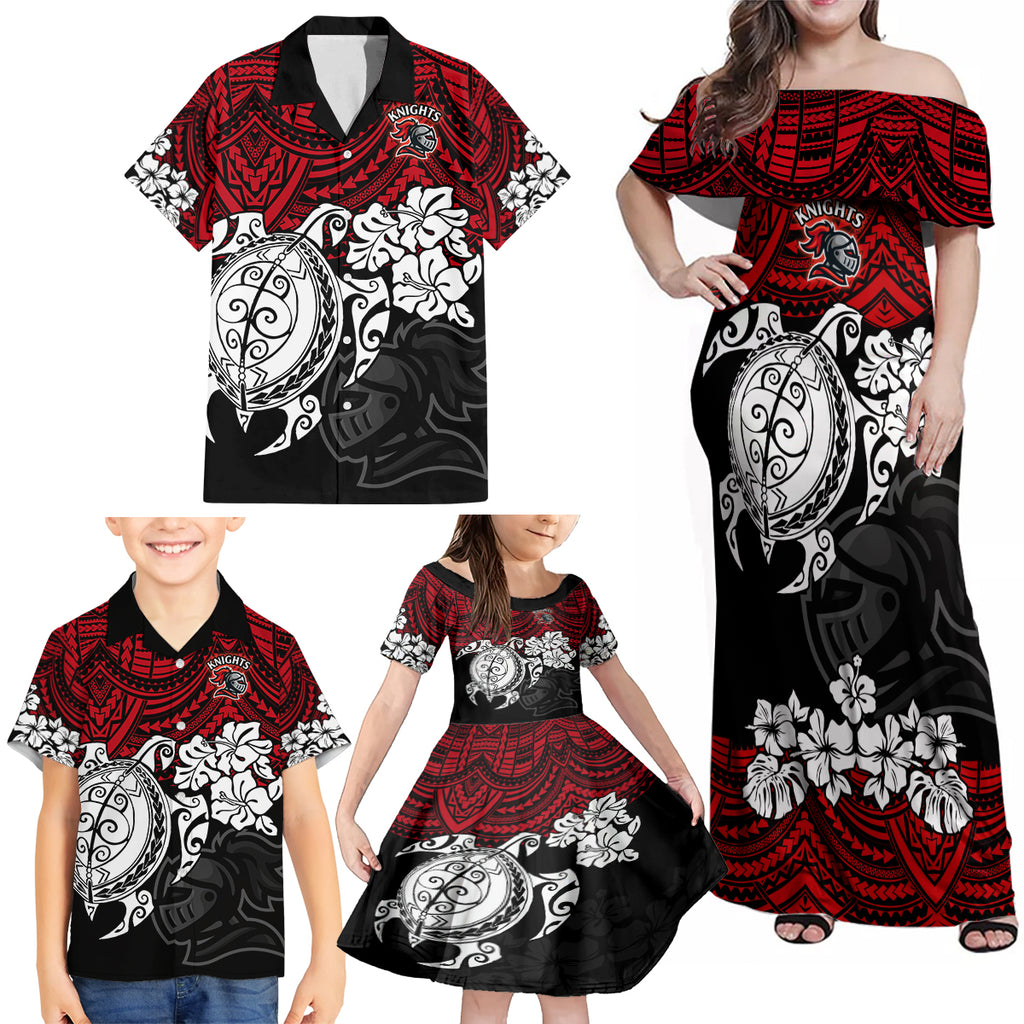 custom-knights-rugby-family-matching-off-shoulder-maxi-dress-and-hawaiian-shirt-novocastrians-hibiscus-and-turtle-with-polynesian-pattern