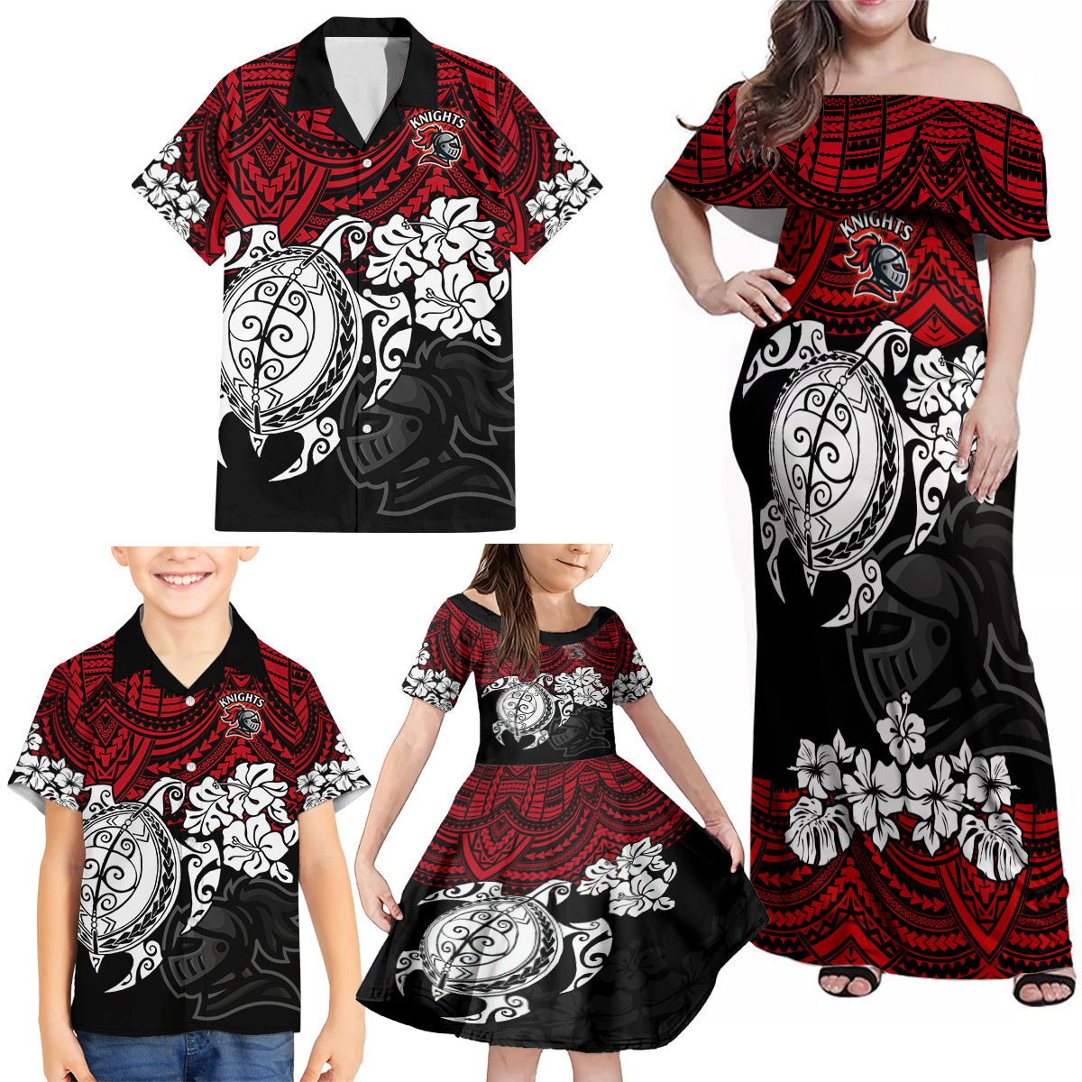 custom-knights-rugby-family-matching-off-shoulder-maxi-dress-and-hawaiian-shirt-novocastrians-hibiscus-and-turtle-with-polynesian-pattern