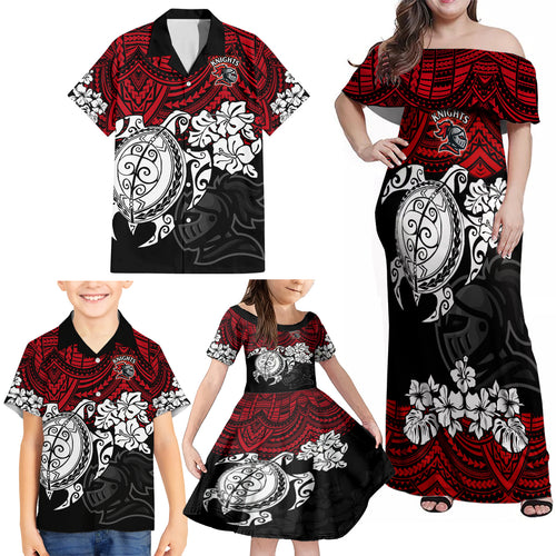 custom-knights-rugby-family-matching-off-shoulder-maxi-dress-and-hawaiian-shirt-novocastrians-hibiscus-and-turtle-with-polynesian-pattern