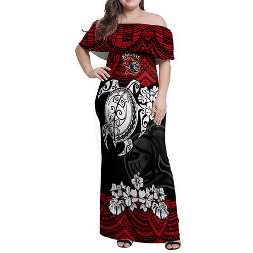 custom-knights-rugby-family-matching-off-shoulder-maxi-dress-and-hawaiian-shirt-novocastrians-hibiscus-and-turtle-with-polynesian-pattern