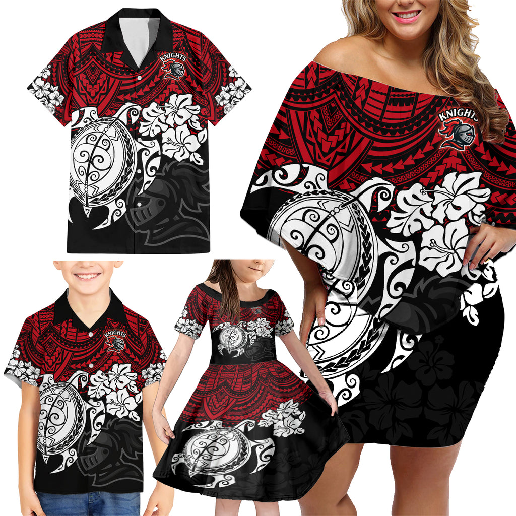 custom-knights-rugby-family-matching-off-shoulder-short-dress-and-hawaiian-shirt-novocastrians-hibiscus-and-turtle-with-polynesian-pattern