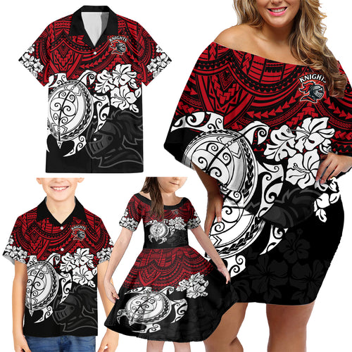 custom-knights-rugby-family-matching-off-shoulder-short-dress-and-hawaiian-shirt-novocastrians-hibiscus-and-turtle-with-polynesian-pattern