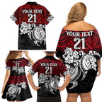 custom-knights-rugby-family-matching-off-shoulder-short-dress-and-hawaiian-shirt-novocastrians-hibiscus-and-turtle-with-polynesian-pattern
