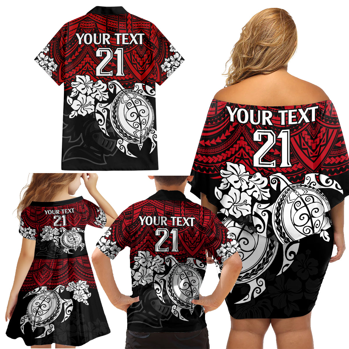 custom-knights-rugby-family-matching-off-shoulder-short-dress-and-hawaiian-shirt-novocastrians-hibiscus-and-turtle-with-polynesian-pattern