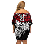 custom-knights-rugby-family-matching-off-shoulder-short-dress-and-hawaiian-shirt-novocastrians-hibiscus-and-turtle-with-polynesian-pattern