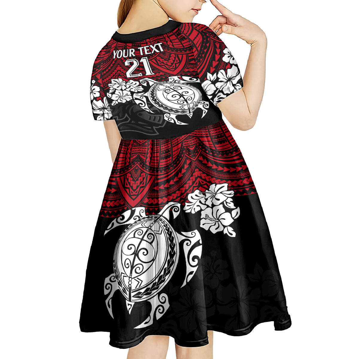 custom-knights-rugby-kid-short-sleeve-dress-novocastrians-hibiscus-and-turtle-with-polynesian-pattern