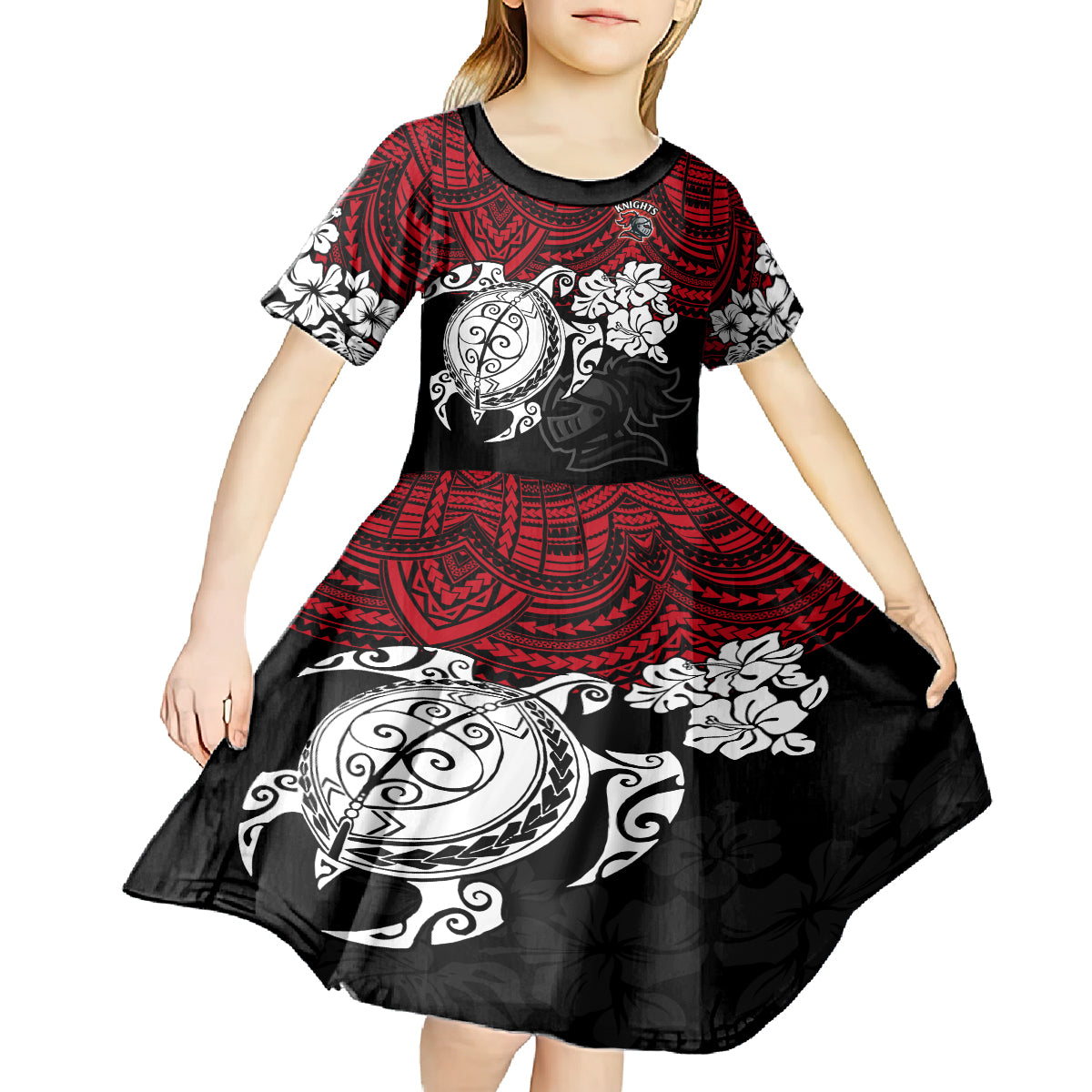 custom-knights-rugby-kid-short-sleeve-dress-novocastrians-hibiscus-and-turtle-with-polynesian-pattern