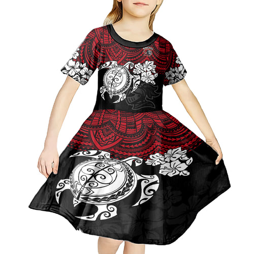 custom-knights-rugby-kid-short-sleeve-dress-novocastrians-hibiscus-and-turtle-with-polynesian-pattern