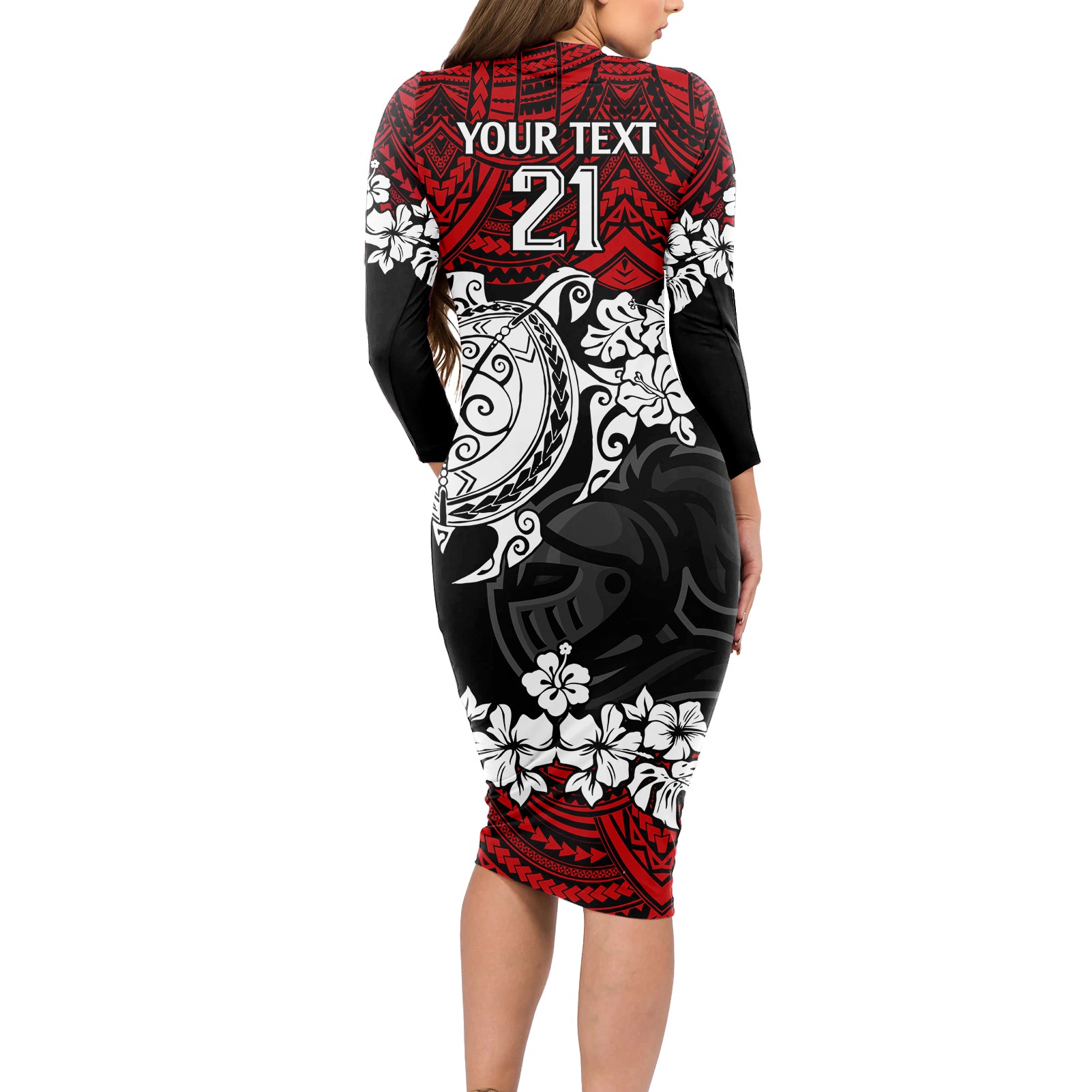 custom-knights-rugby-long-sleeve-bodycon-dress-novocastrians-hibiscus-and-turtle-with-polynesian-pattern