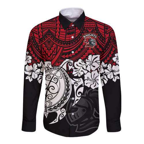 custom-knights-rugby-long-sleeve-button-shirt-novocastrians-hibiscus-and-turtle-with-polynesian-pattern