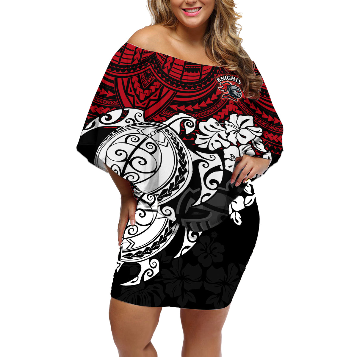 custom-knights-rugby-off-shoulder-short-dress-novocastrians-hibiscus-and-turtle-with-polynesian-pattern