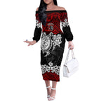 custom-knights-rugby-off-the-shoulder-long-sleeve-dress-novocastrians-hibiscus-and-turtle-with-polynesian-pattern