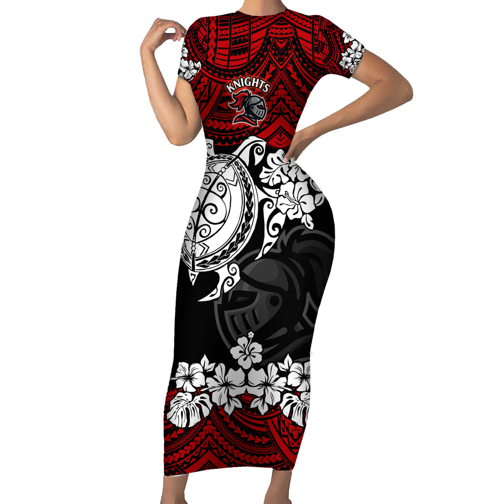 custom-knights-rugby-short-sleeve-bodycon-dress-novocastrians-hibiscus-and-turtle-with-polynesian-pattern