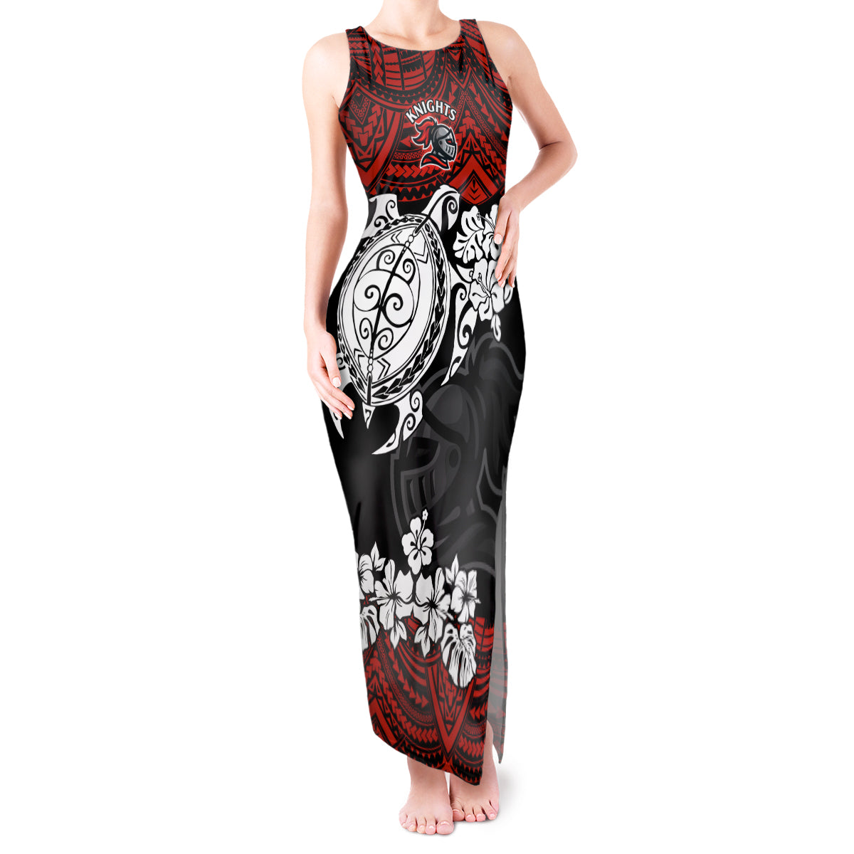 custom-knights-rugby-tank-maxi-dress-novocastrians-hibiscus-and-turtle-with-polynesian-pattern