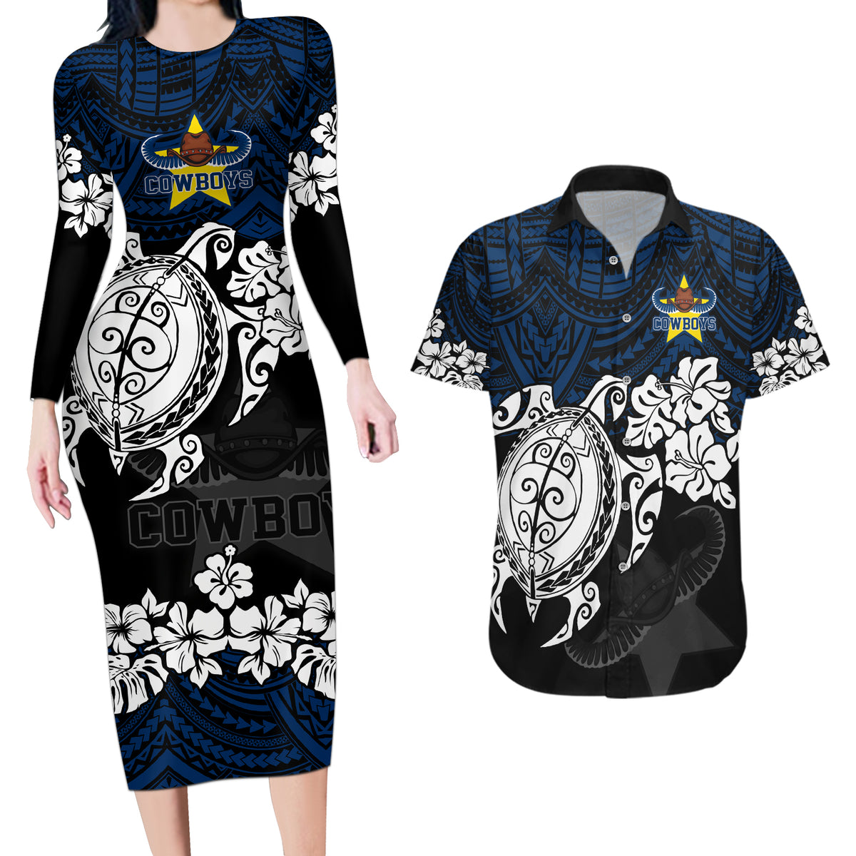 custom-cowboys-rugby-couples-matching-long-sleeve-bodycon-dress-and-hawaiian-shirt-hibiscus-and-turtle-with-polynesian-pattern