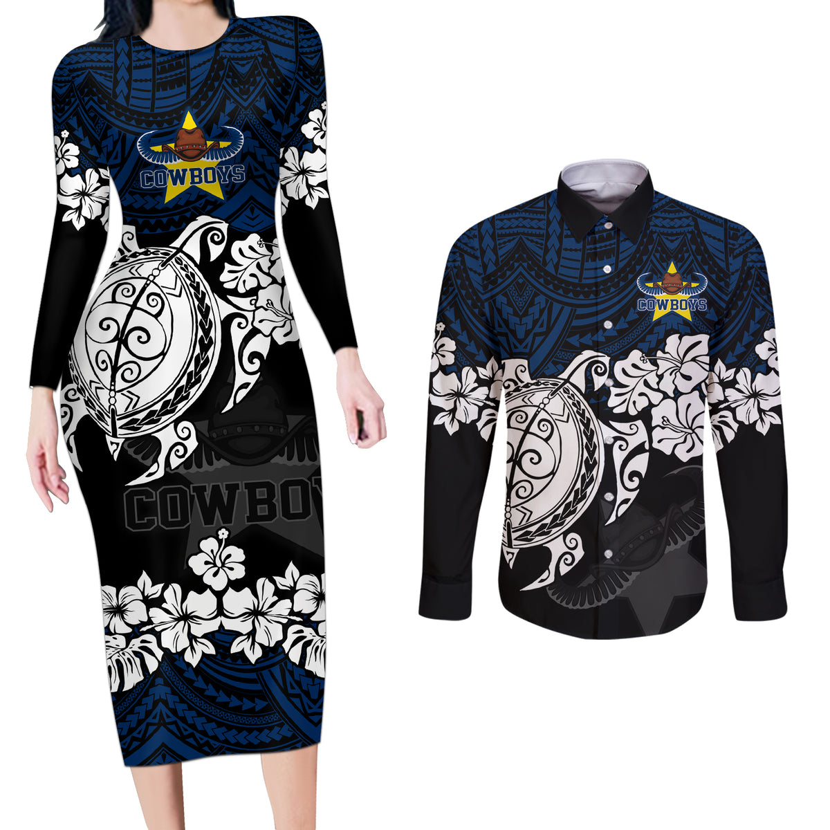 custom-cowboys-rugby-couples-matching-long-sleeve-bodycon-dress-and-long-sleeve-button-shirt-hibiscus-and-turtle-with-polynesian-pattern