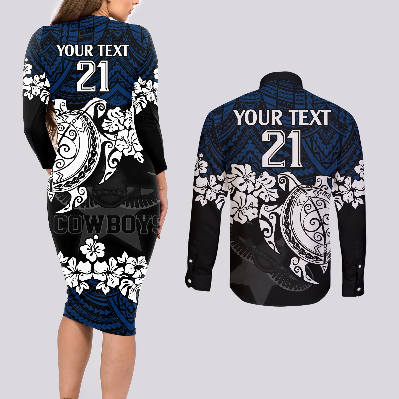 custom-cowboys-rugby-couples-matching-long-sleeve-bodycon-dress-and-long-sleeve-button-shirt-hibiscus-and-turtle-with-polynesian-pattern