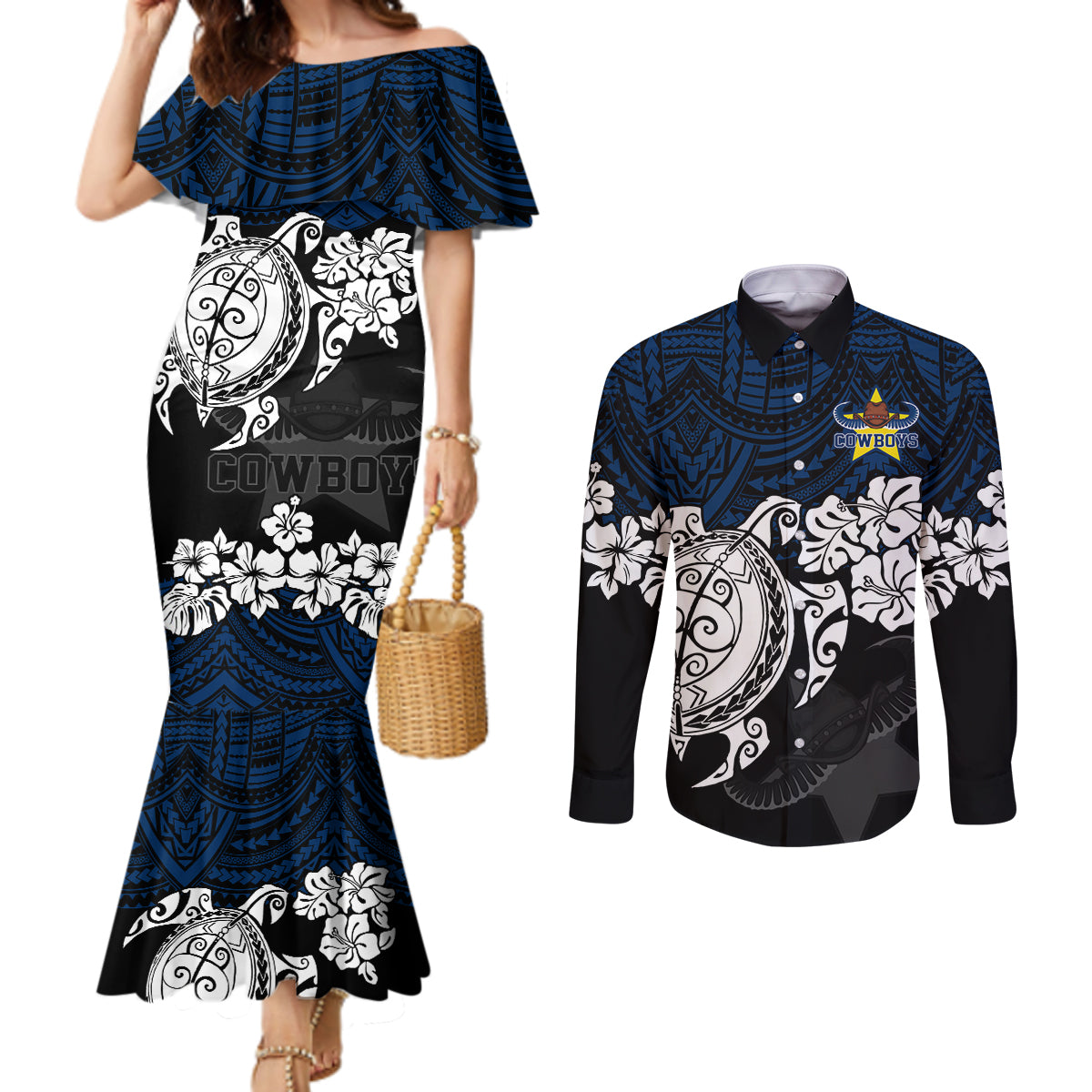 custom-cowboys-rugby-couples-matching-mermaid-dress-and-long-sleeve-button-shirt-hibiscus-and-turtle-with-polynesian-pattern