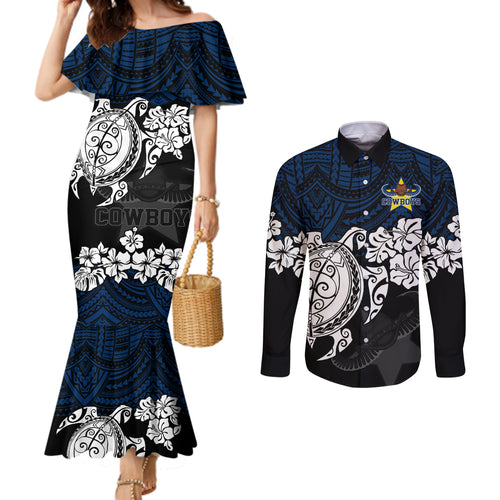 custom-cowboys-rugby-couples-matching-mermaid-dress-and-long-sleeve-button-shirt-hibiscus-and-turtle-with-polynesian-pattern