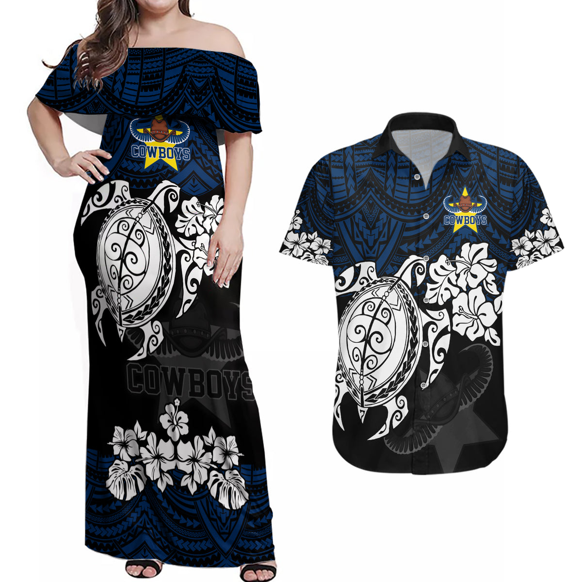 custom-cowboys-rugby-couples-matching-off-shoulder-maxi-dress-and-hawaiian-shirt-hibiscus-and-turtle-with-polynesian-pattern