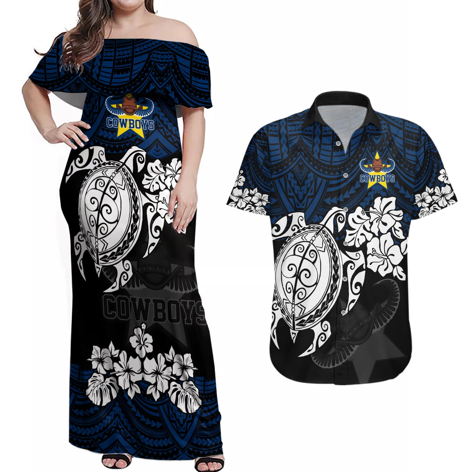 custom-cowboys-rugby-couples-matching-off-shoulder-maxi-dress-and-hawaiian-shirt-hibiscus-and-turtle-with-polynesian-pattern