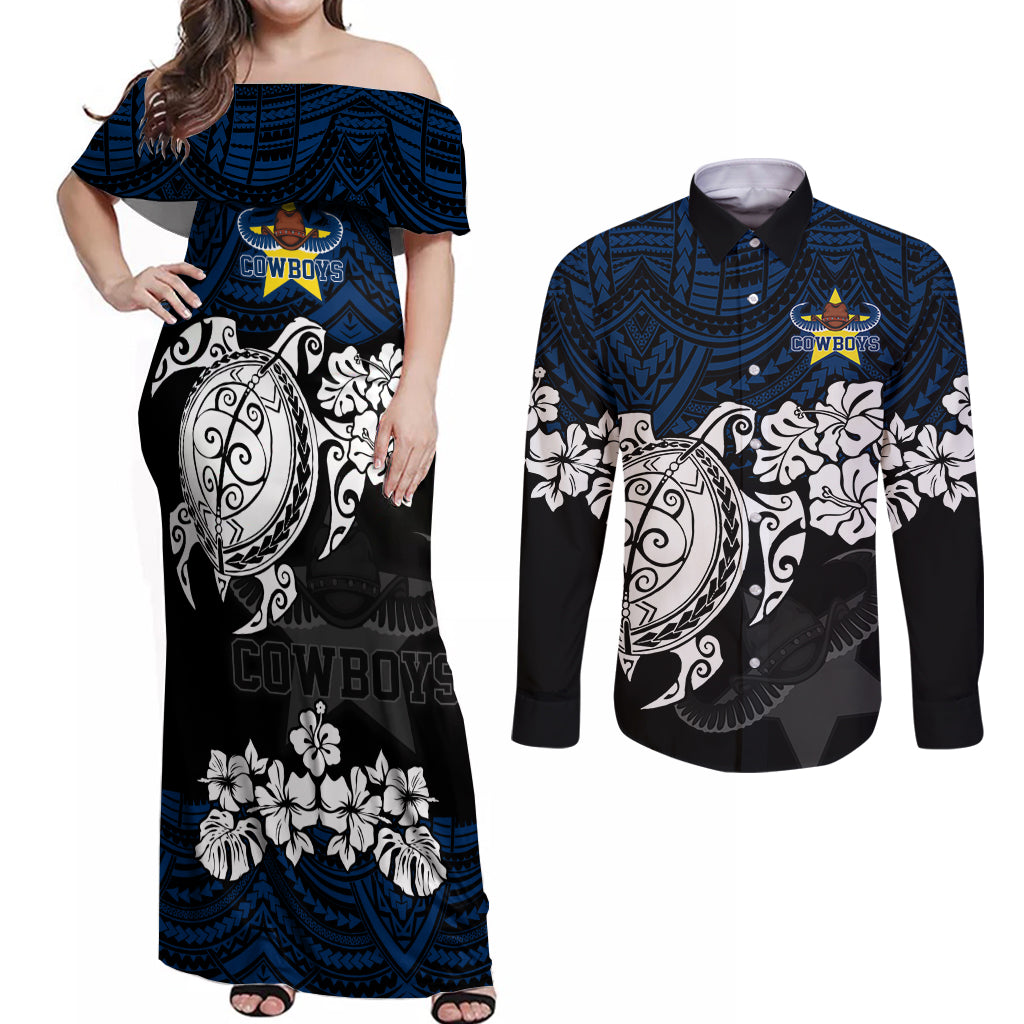 custom-cowboys-rugby-couples-matching-off-shoulder-maxi-dress-and-long-sleeve-button-shirt-hibiscus-and-turtle-with-polynesian-pattern