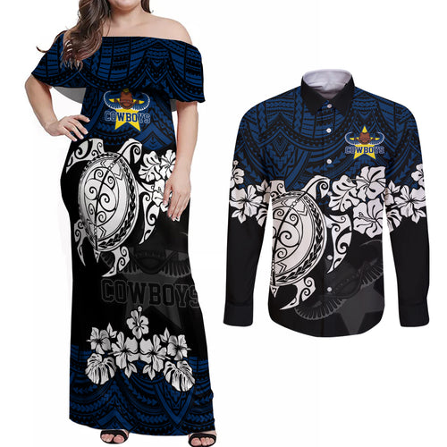 custom-cowboys-rugby-couples-matching-off-shoulder-maxi-dress-and-long-sleeve-button-shirt-hibiscus-and-turtle-with-polynesian-pattern