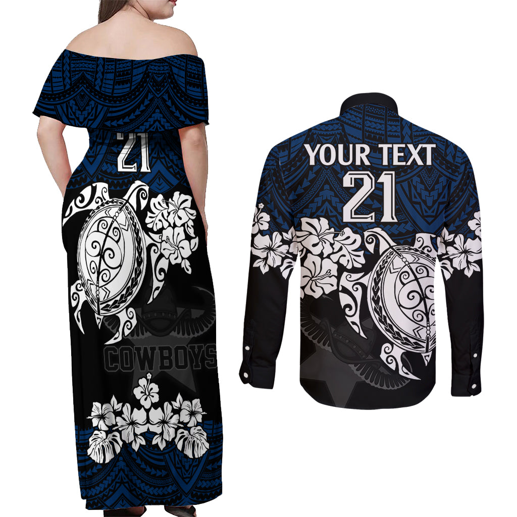 custom-cowboys-rugby-couples-matching-off-shoulder-maxi-dress-and-long-sleeve-button-shirt-hibiscus-and-turtle-with-polynesian-pattern