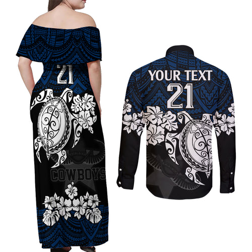 custom-cowboys-rugby-couples-matching-off-shoulder-maxi-dress-and-long-sleeve-button-shirt-hibiscus-and-turtle-with-polynesian-pattern