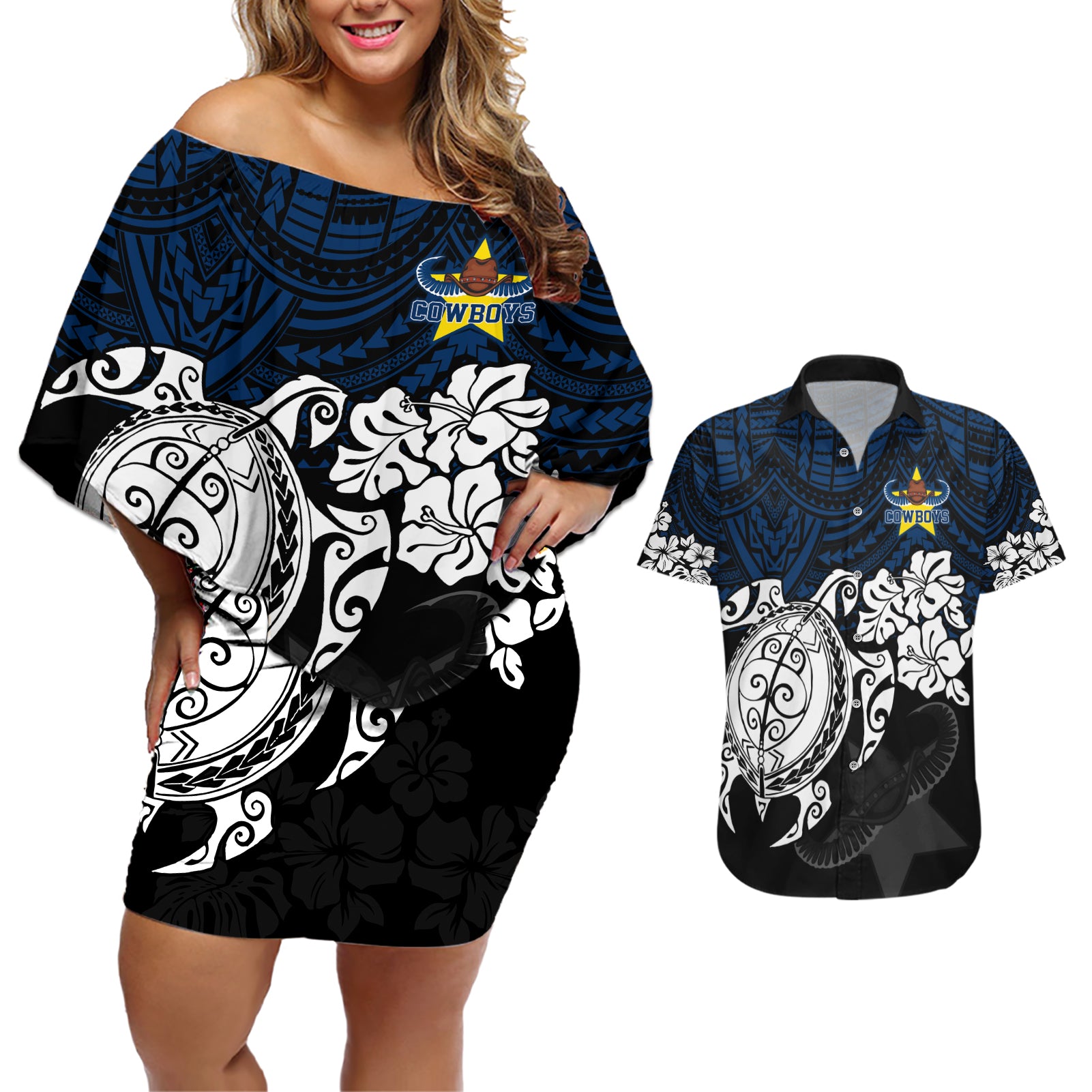 custom-cowboys-rugby-couples-matching-off-shoulder-short-dress-and-hawaiian-shirt-hibiscus-and-turtle-with-polynesian-pattern
