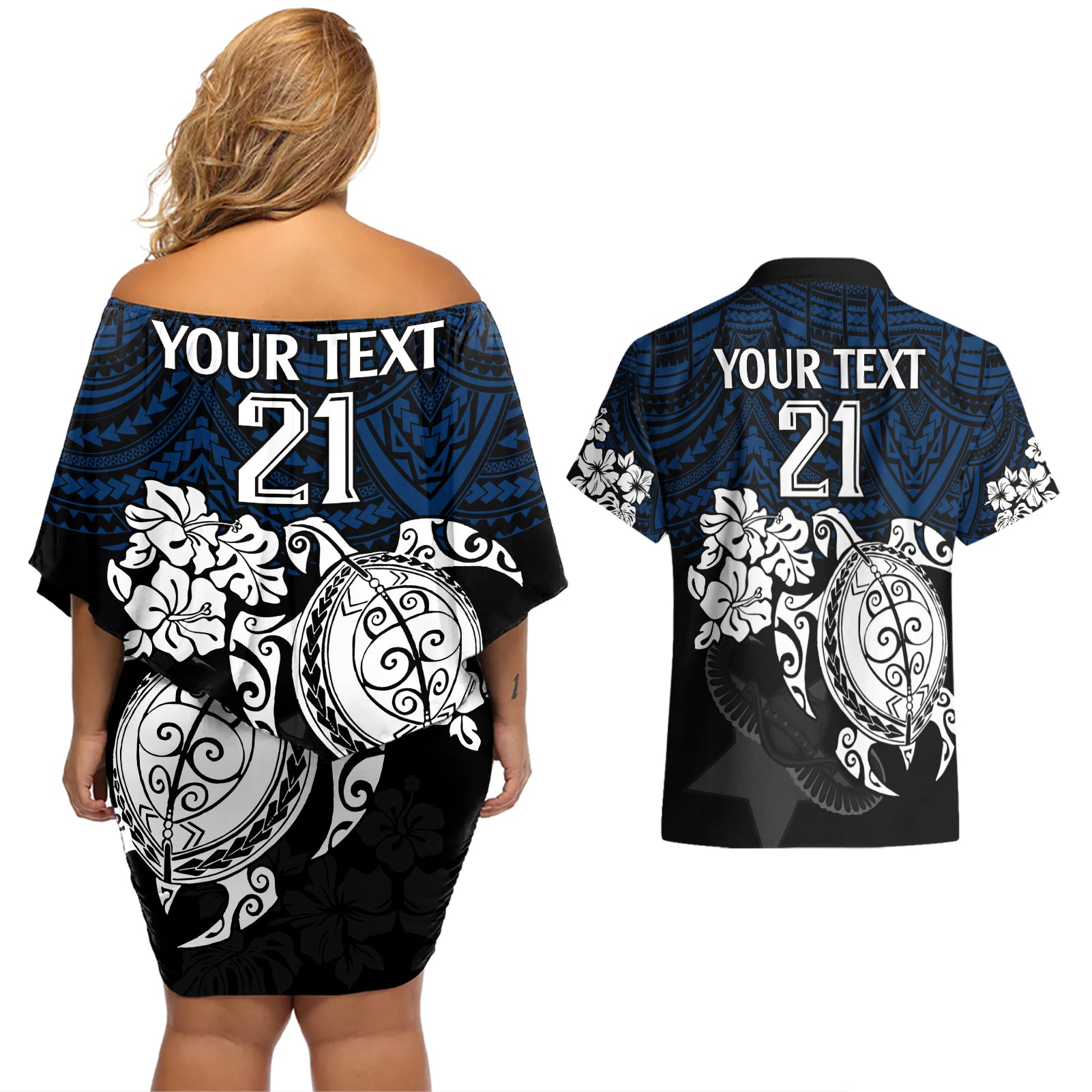 custom-cowboys-rugby-couples-matching-off-shoulder-short-dress-and-hawaiian-shirt-hibiscus-and-turtle-with-polynesian-pattern