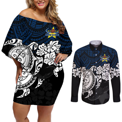 custom-cowboys-rugby-couples-matching-off-shoulder-short-dress-and-long-sleeve-button-shirt-hibiscus-and-turtle-with-polynesian-pattern