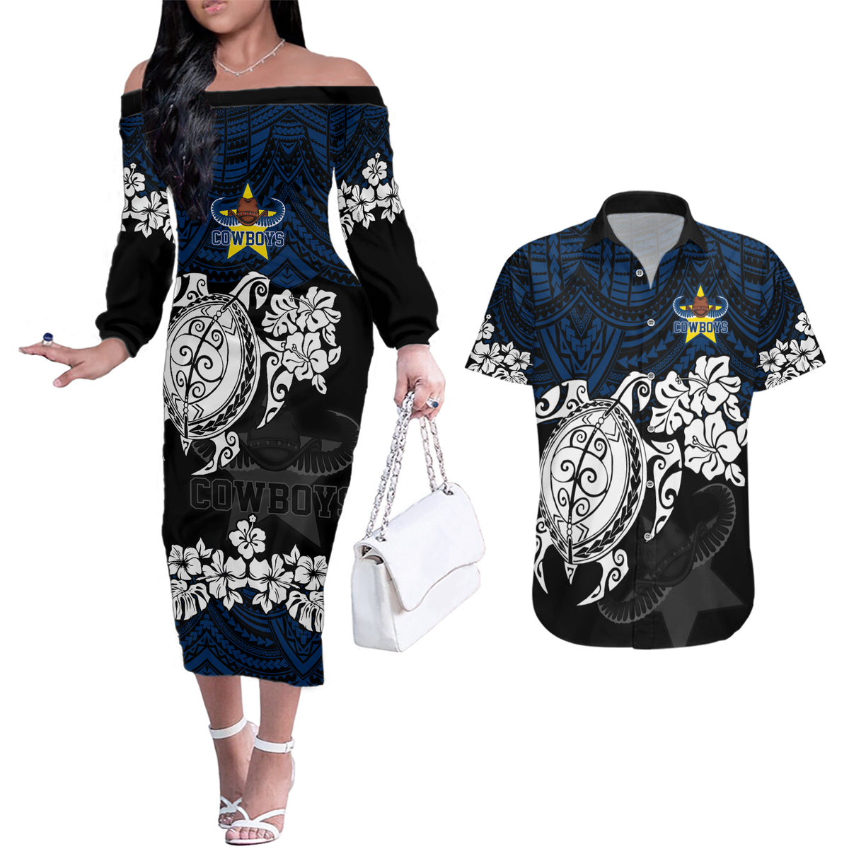custom-cowboys-rugby-couples-matching-off-the-shoulder-long-sleeve-dress-and-hawaiian-shirt-hibiscus-and-turtle-with-polynesian-pattern