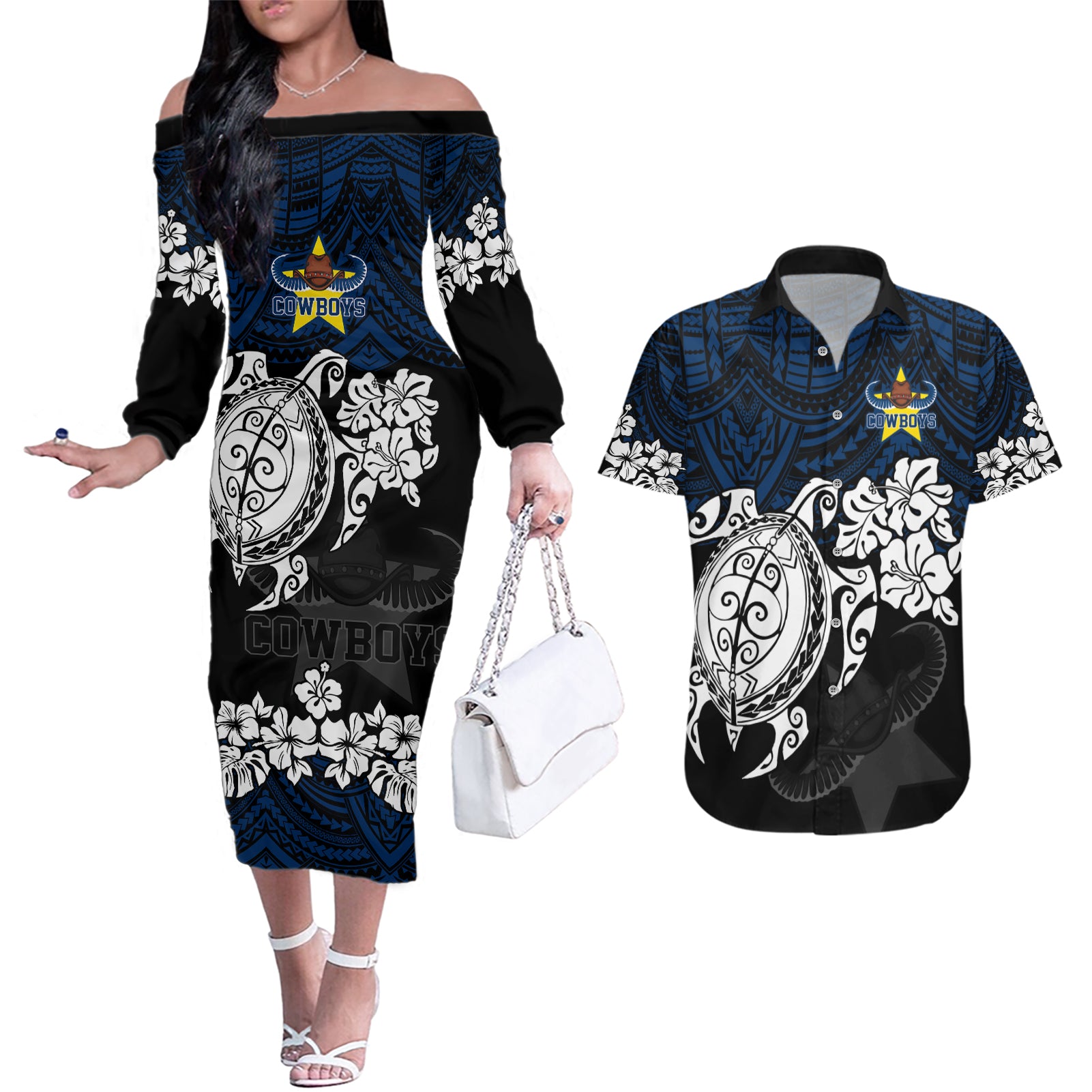custom-cowboys-rugby-couples-matching-off-the-shoulder-long-sleeve-dress-and-hawaiian-shirt-hibiscus-and-turtle-with-polynesian-pattern